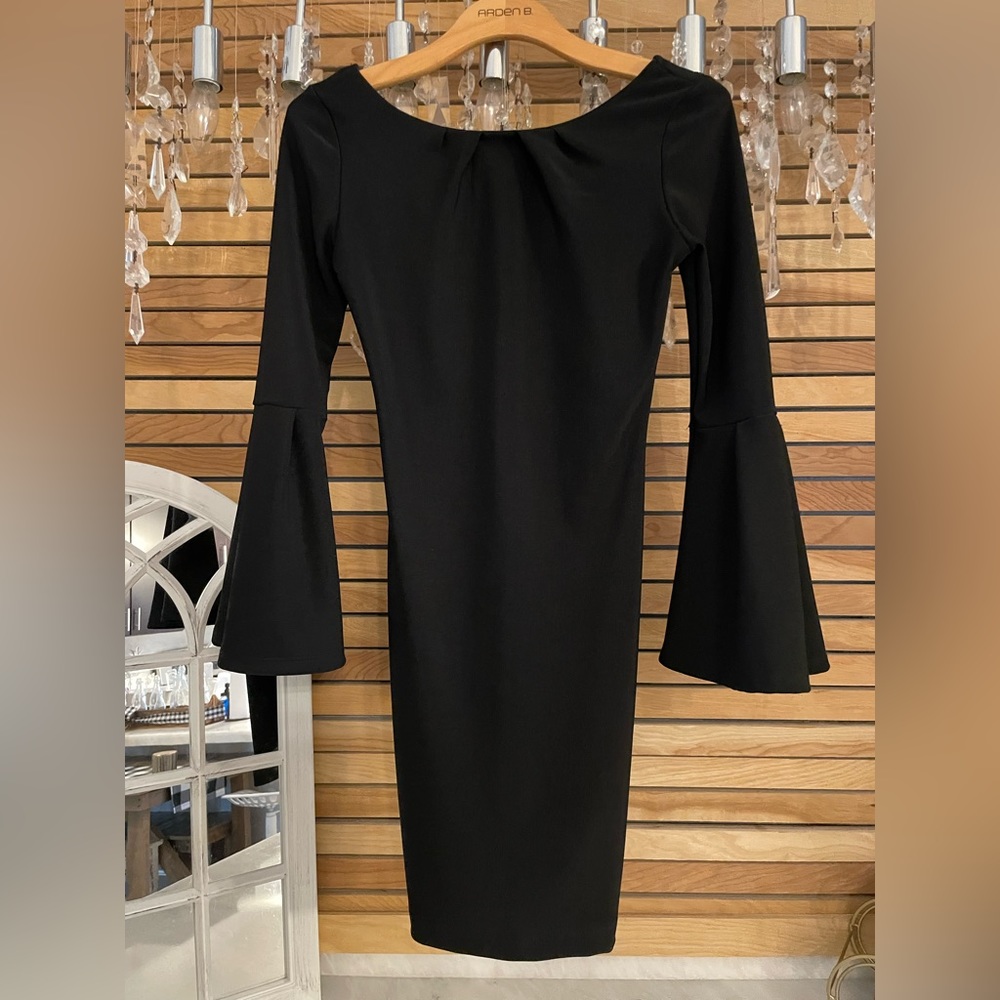 Size Small Black body-con dress with mid length, flare sleeves.
